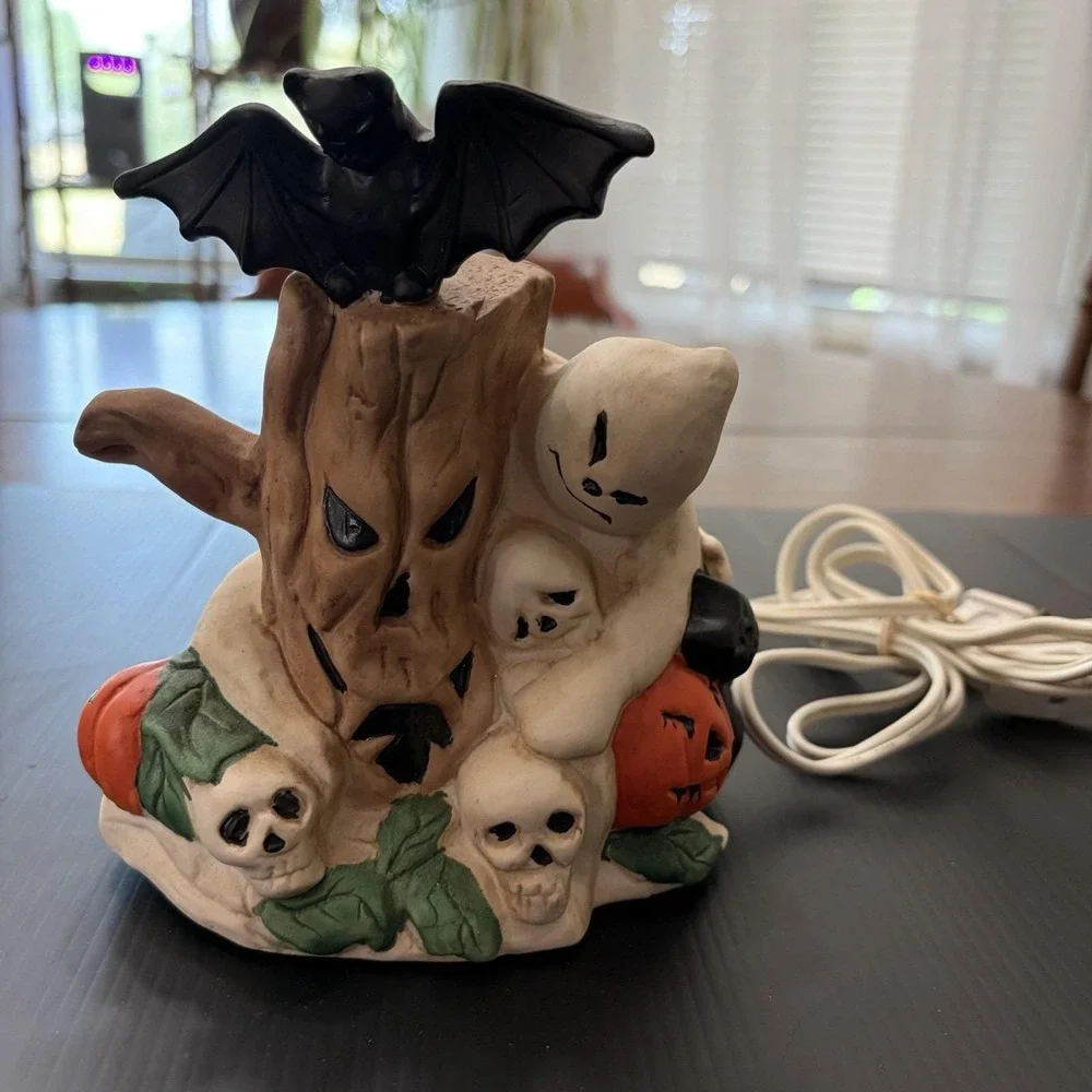 Vintage Halloween Tree Porcelain Night Light Pumpkin Skull Crow Works